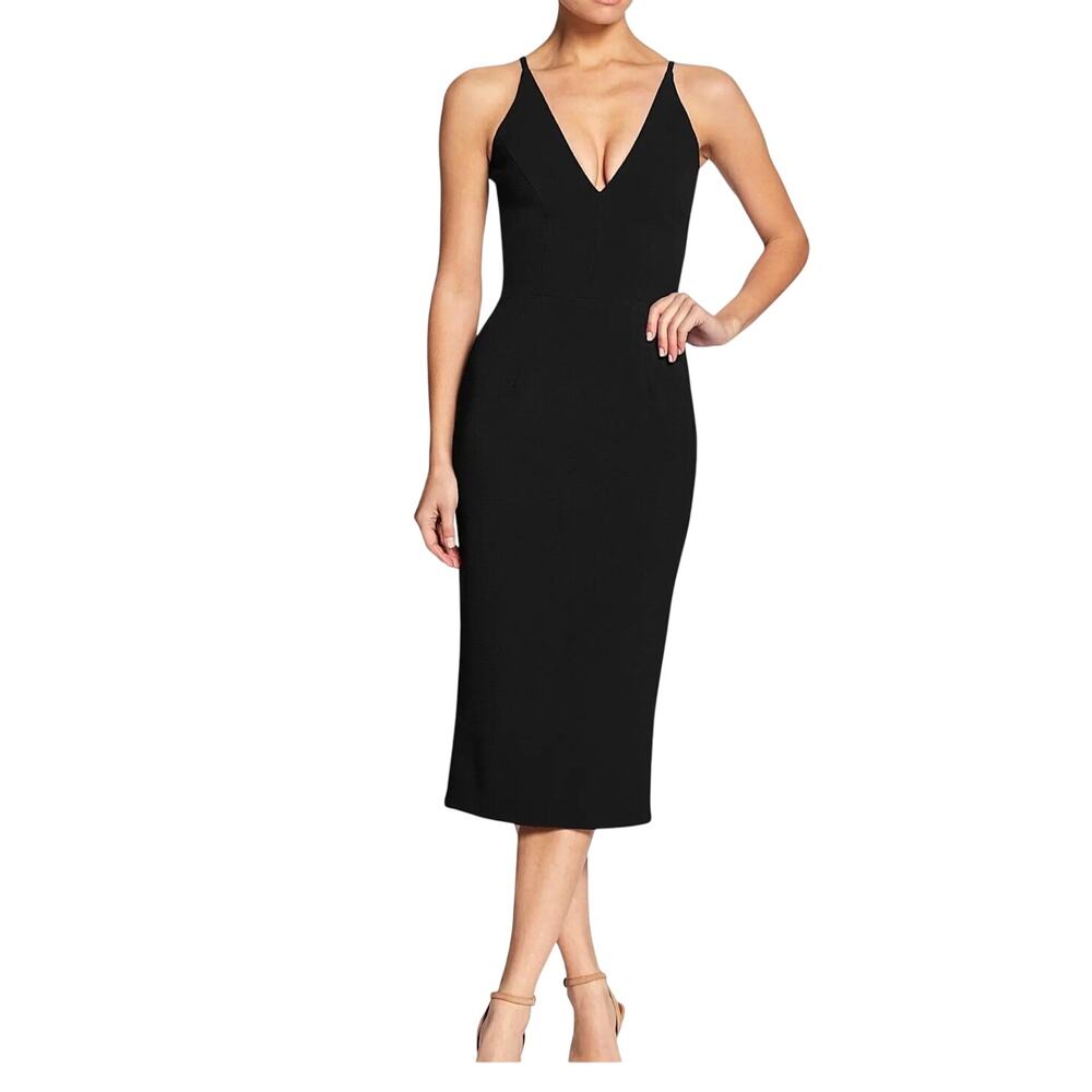 Dress the Population Lyla Black Crepe Midi Sheath Dress Size XS Deep V Neck